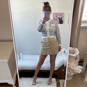 FRESHMAN 1996 CREAM GREY TAN BOUCLE CARDIGAN GOLD BUTTONS FUZZY KNIT